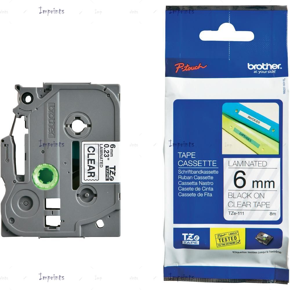 Картридж Brother TZE-111 наклейка ламинированная, 6 мм, 8 м., черный на прозрачном фоне оригинальный