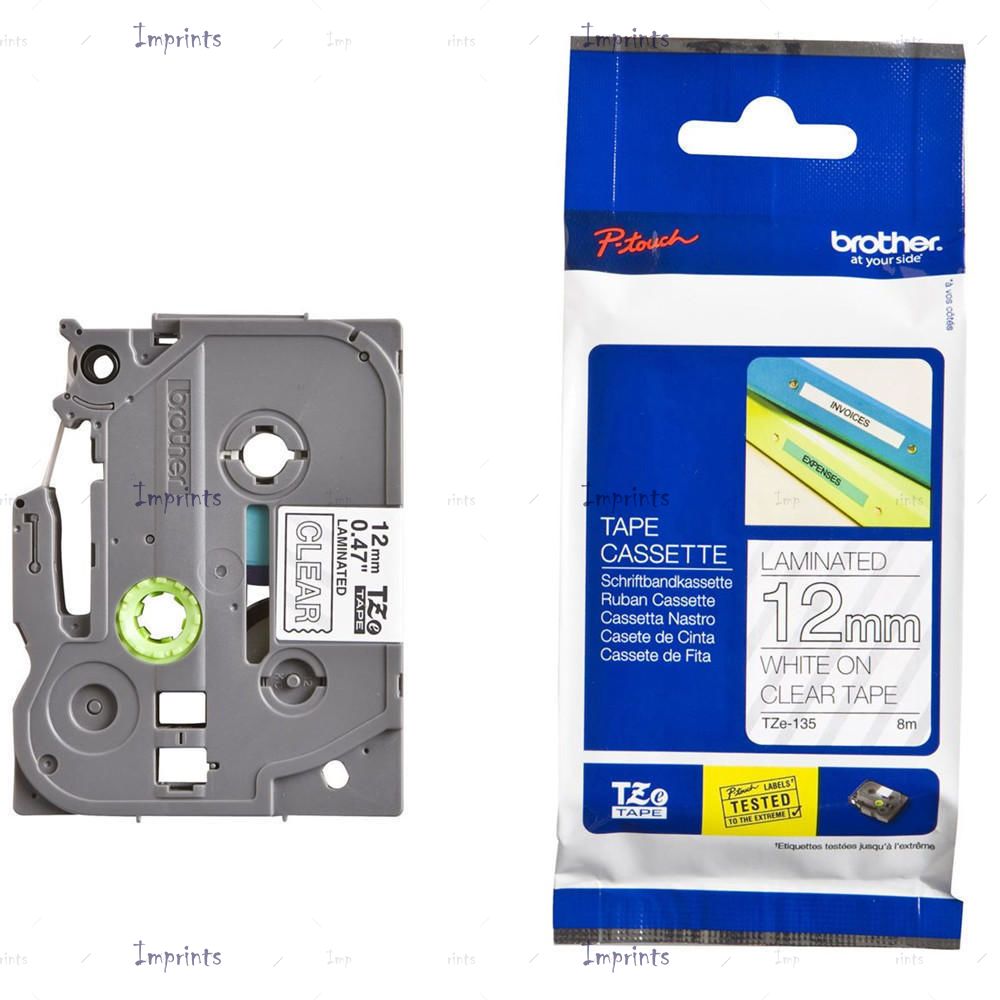 Картридж Brother TZE-135 наклейка ламинированная, 12 мм, 8 м., белый на прозрачном фоне оригинальный