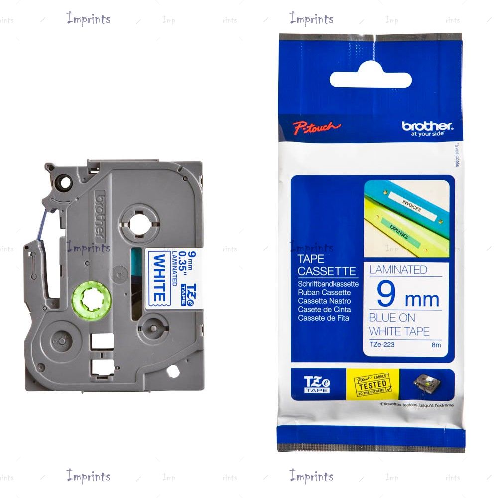 Картридж Brother TZE-223 наклейка ламинированная, 9 мм, 8 м., синий на белом фоне оригинальный