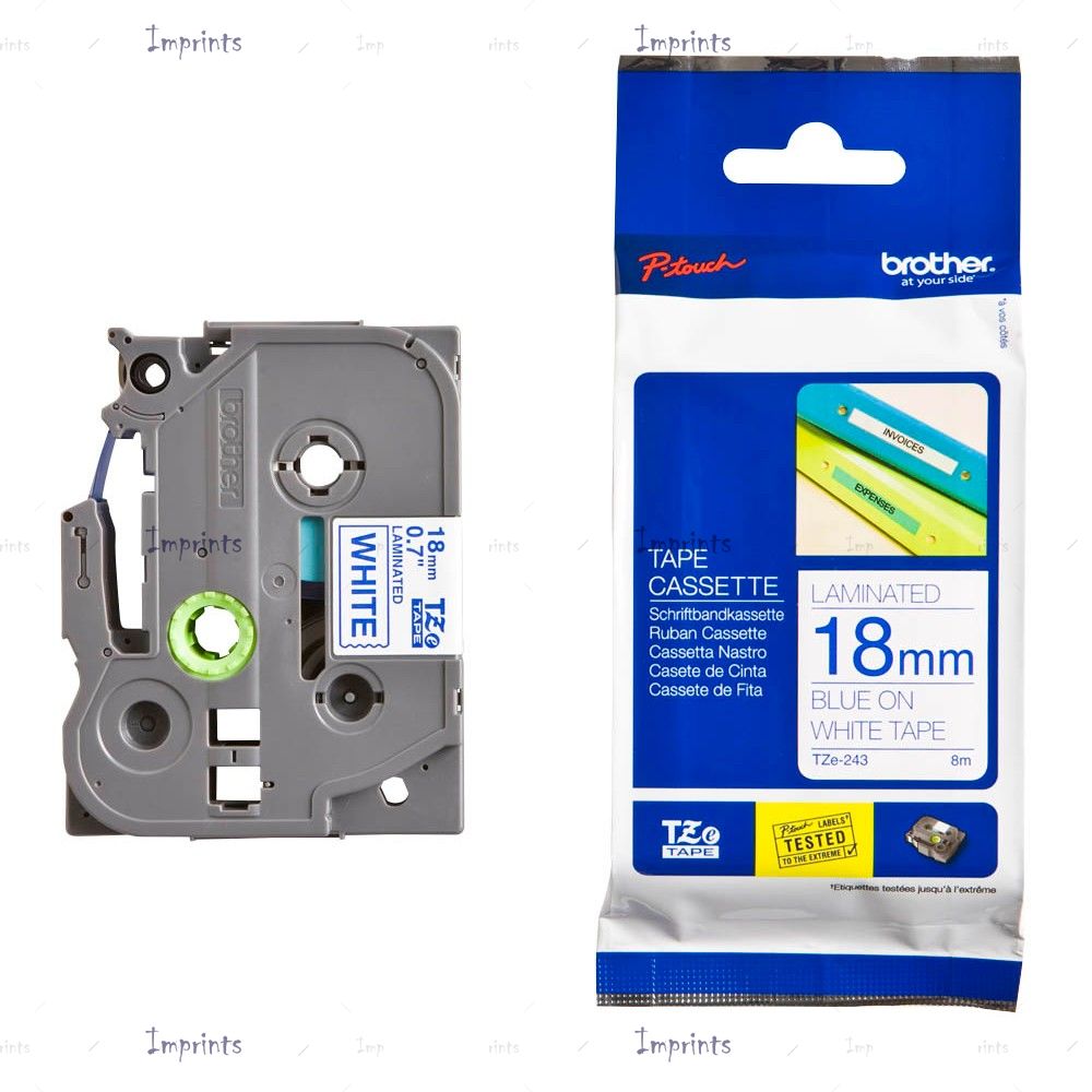 Картридж Brother TZE-243 наклейка ламинированная, 18 мм, 8 м., синий на белом фоне оригинальный