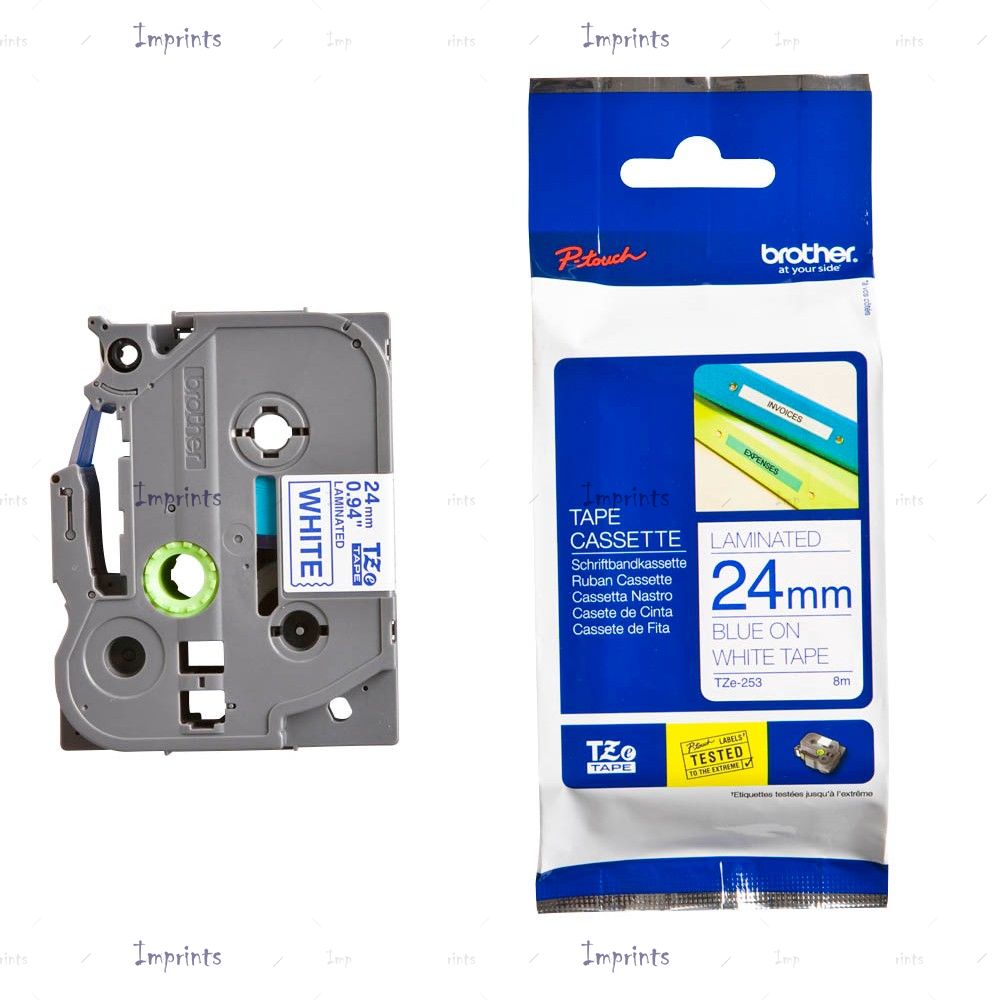 Картридж Brother TZE-253 наклейка ламинированная, 24 мм, 8 м., синий на белом фоне оригинальный