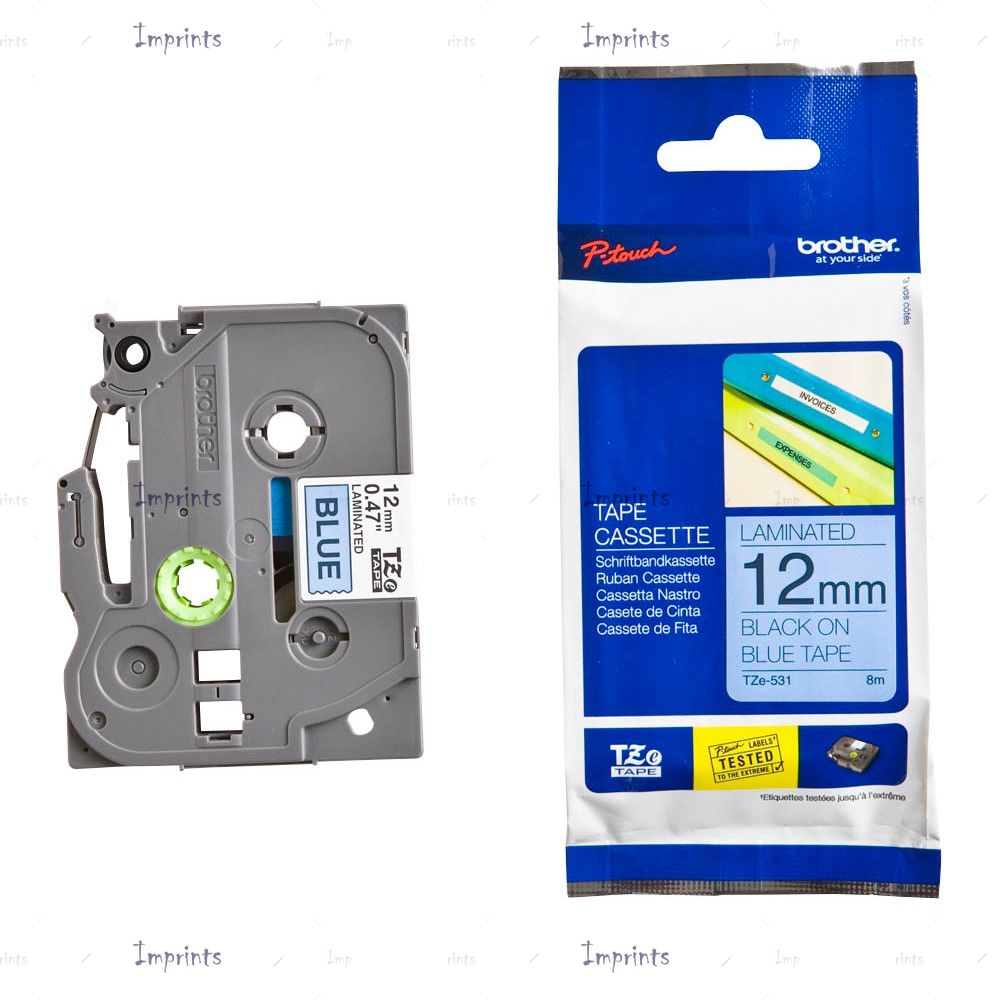 Картридж Brother TZE-531 наклейка ламинированная, 12 мм, 8 м., черный на синем фоне оригинальный