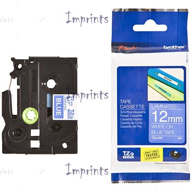 Картридж Brother TZE-535 наклейка ламинированная, 12 мм, 8 м., белый на синем фоне оригинальный