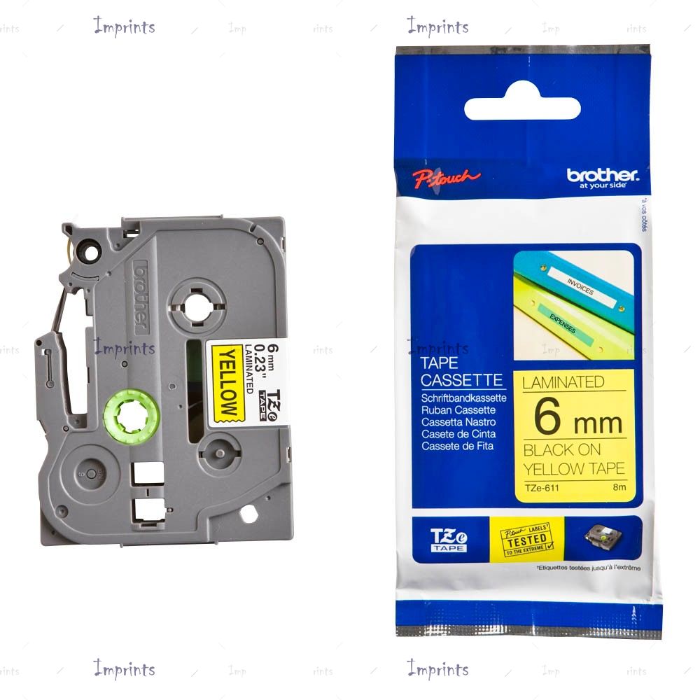 Картридж Brother TZE-611 наклейка ламинированная, 6 мм, 8 м., черный на желтом фоне оригинальный