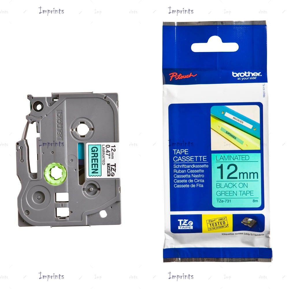 Картридж Brother TZE-731 наклейка ламинированная, 12 мм, 8 м., черный на зеленом фоне оригинальный