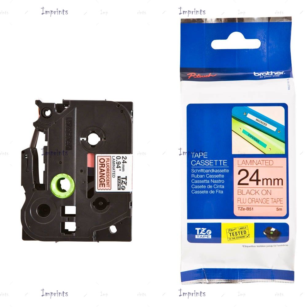 Картридж Brother TZE-B51 наклейка ламинированная, 24 мм, 5 м., черный на флуоресцентном оранжевом фоне оригинальный