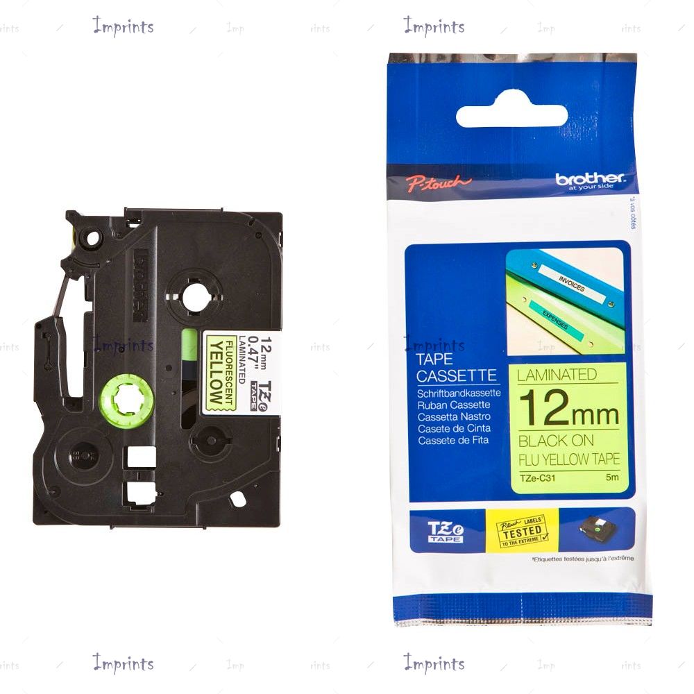 Картридж Brother TZE-C31 наклейка ламинированная, 12 мм, 5 м., черный на флуоресцентном желтом фоне оригинальный