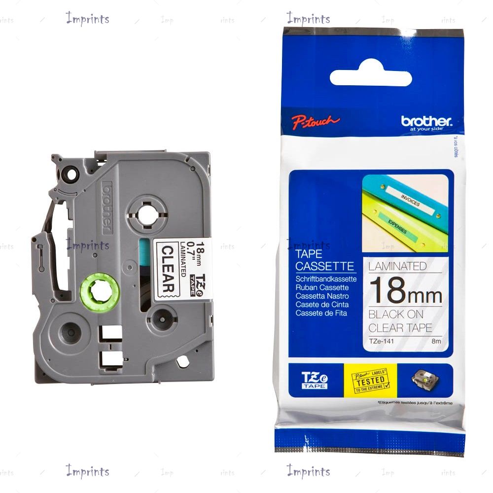 Картридж Brother TZE-S141 наклейка ламинированная клейкая, 18 мм, 8 м., черный на прозрачном фоне оригинальный