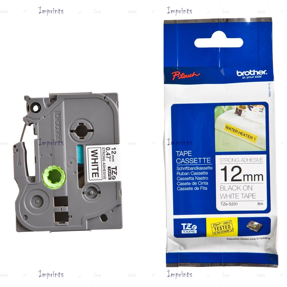 Картридж Brother TZE-S231 наклейка ламинированная клейкая, 12 мм, 8 м., черный на белом фоне оригинальный
