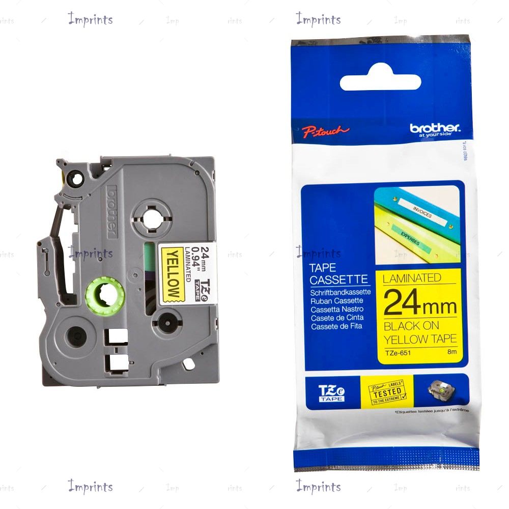 Картридж Brother TZE-S651 наклейка ламинированная клейкая, 24 мм, 8 м., черный на желтом фоне оригинальный